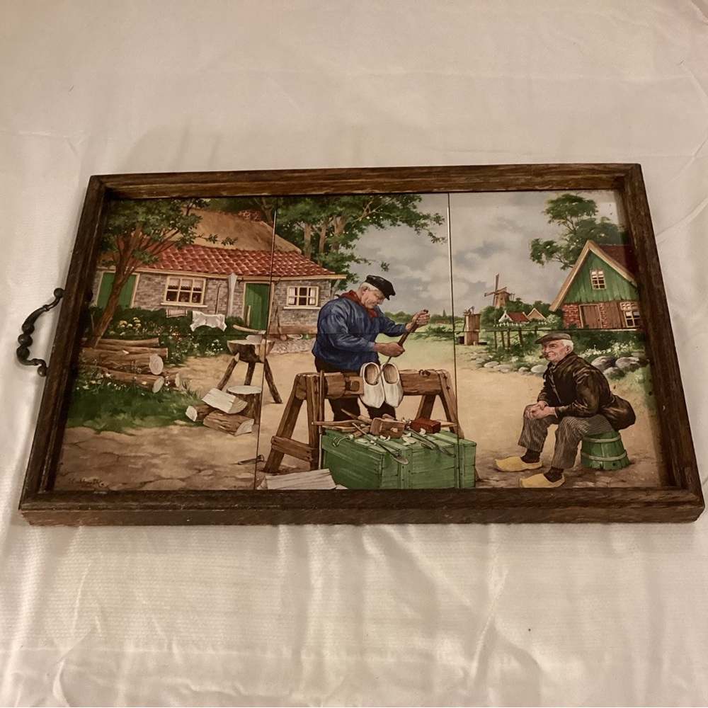 Vintage J.C. Van Hunnik 6 Ceramic Tiles Dutch Wooden Shoe Maker Framed Tray
